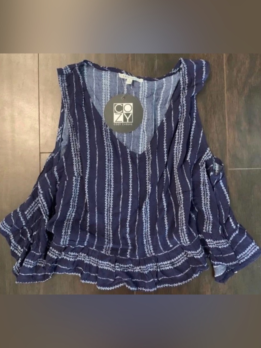 Cozy Casual Navy and Light Blue Striped V-Neck Ruffle Camisole